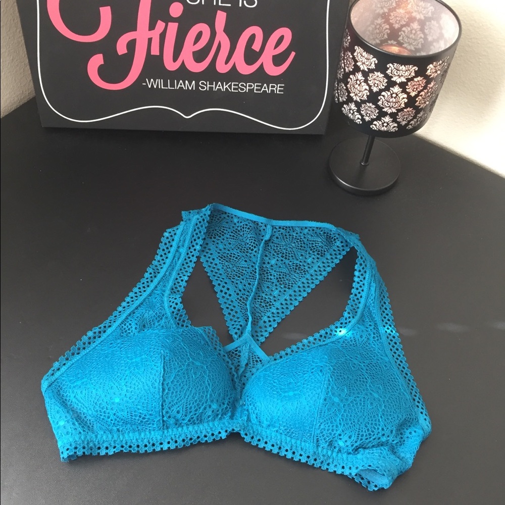 Teal blue lace racerback bralette